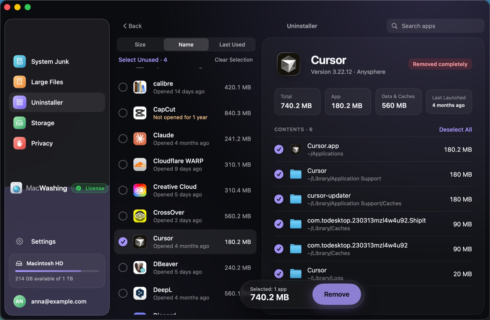 Uninstaller: a list of apps sorted by size with when each was last opened, Google Chrome selected with its app and cache sizes