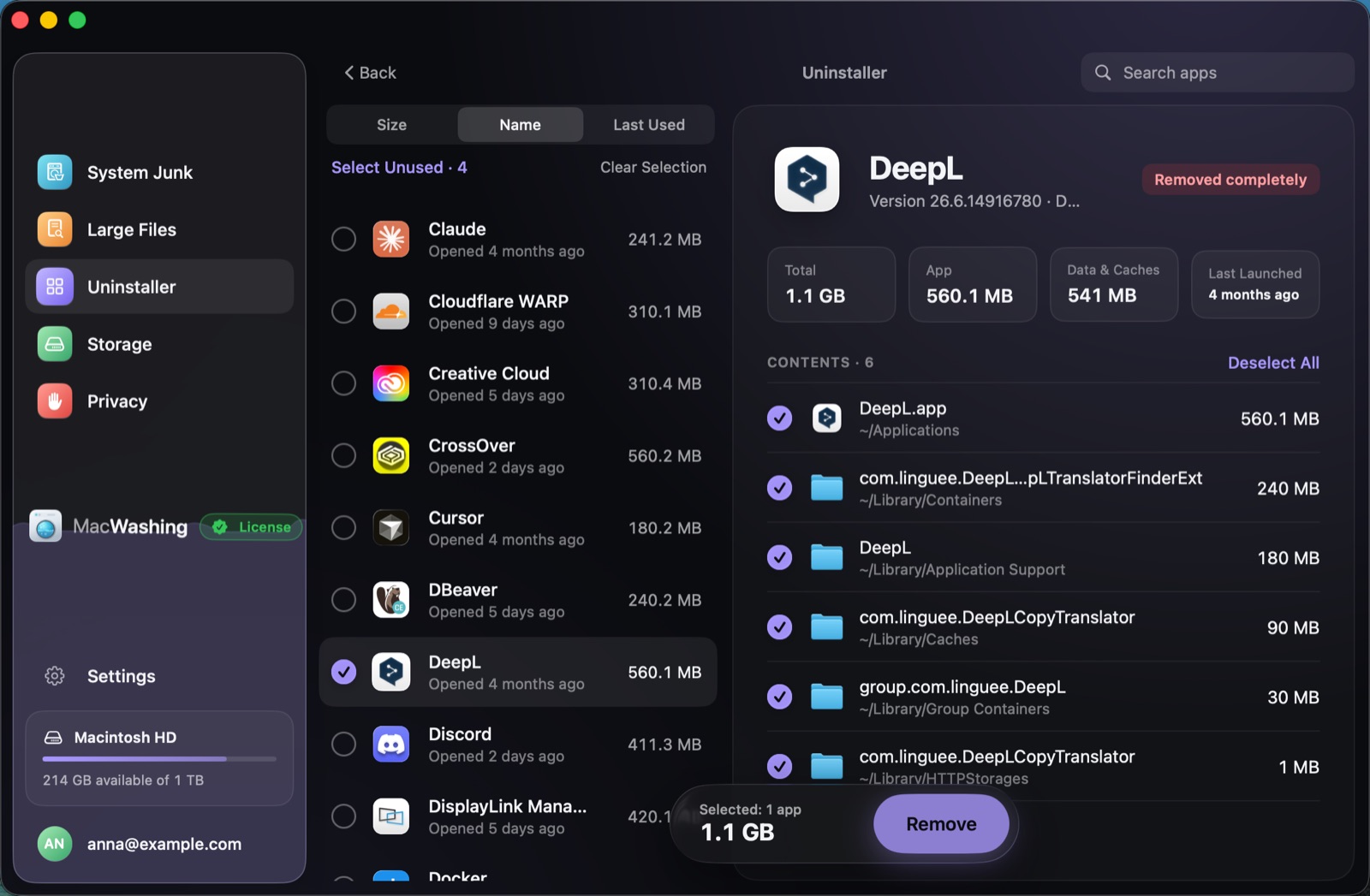 Uninstaller: a list of apps sorted by size with when each was last opened, Google Chrome selected with its app and cache sizes