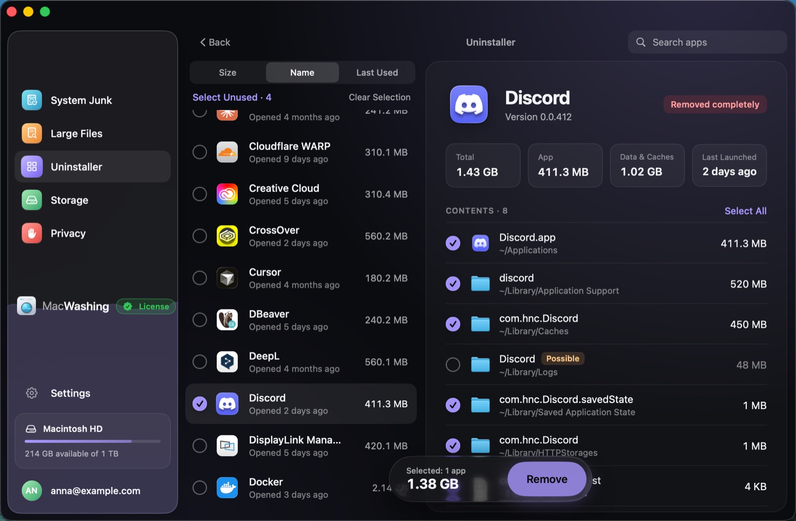 Uninstaller: a list of apps sorted by size with when each was last opened, Google Chrome selected with its app and cache sizes