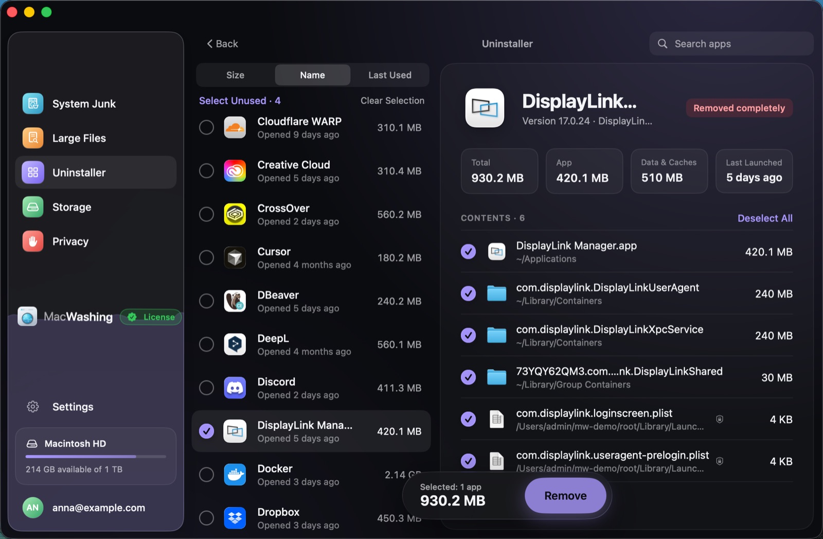 Uninstaller: a list of apps sorted by size with when each was last opened, Google Chrome selected with its app and cache sizes