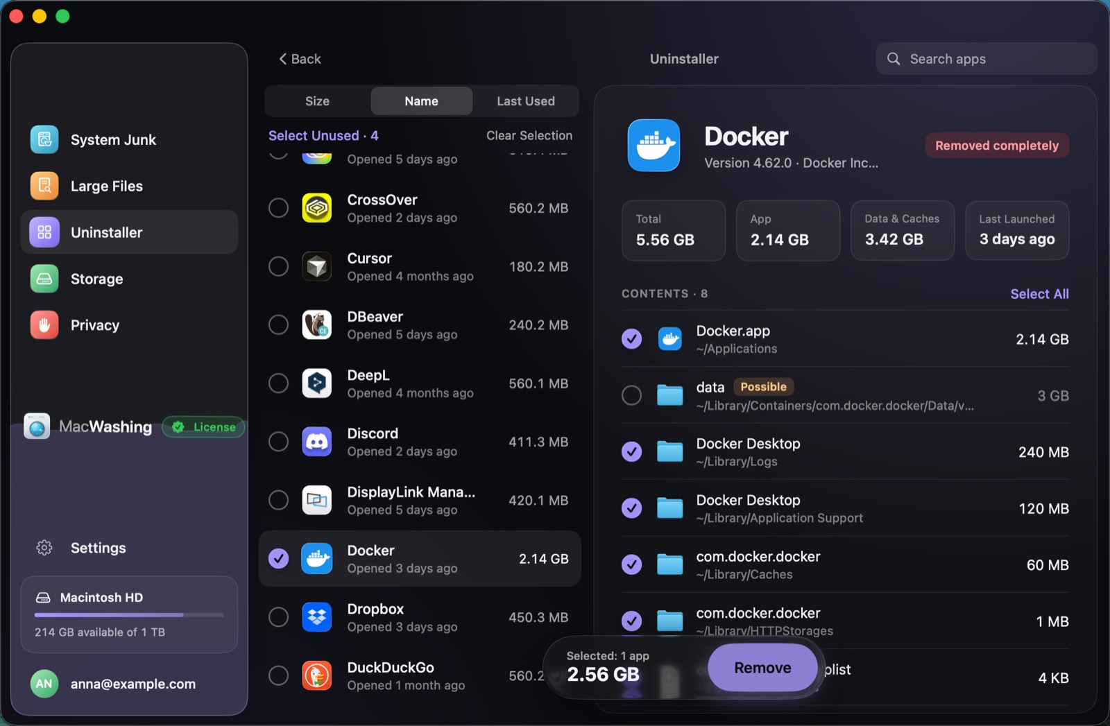 Uninstaller: a list of apps sorted by size with when each was last opened, Google Chrome selected with its app and cache sizes