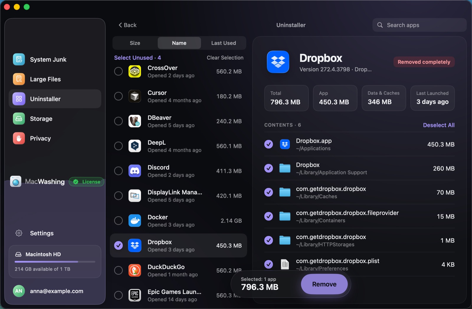 Uninstaller: a list of apps sorted by size with when each was last opened, Google Chrome selected with its app and cache sizes