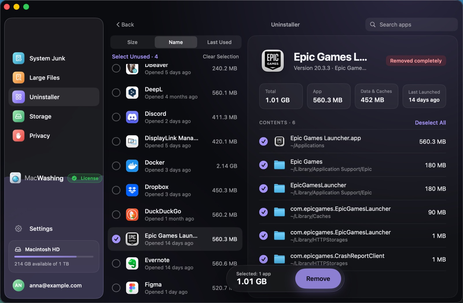 Uninstaller: a list of apps sorted by size with when each was last opened, Google Chrome selected with its app and cache sizes