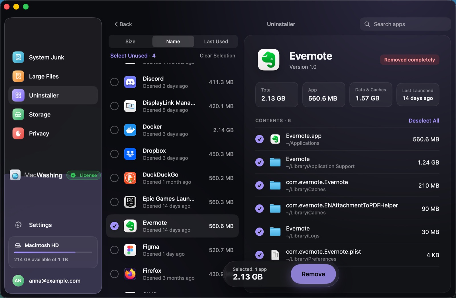 Uninstaller: a list of apps sorted by size with when each was last opened, Google Chrome selected with its app and cache sizes
