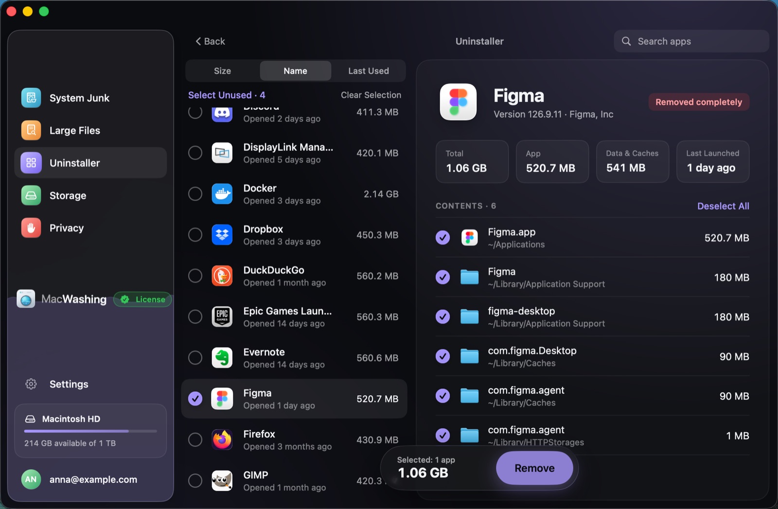 Uninstaller: a list of apps sorted by size with when each was last opened, Google Chrome selected with its app and cache sizes