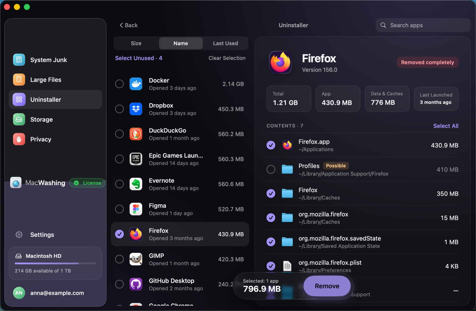 Uninstaller: a list of apps sorted by size with when each was last opened, Google Chrome selected with its app and cache sizes