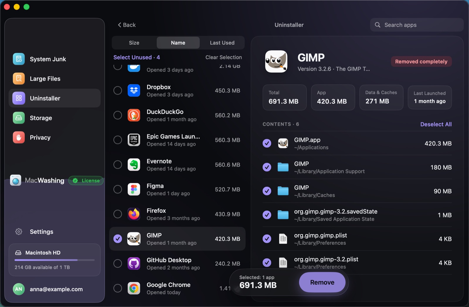 Uninstaller: a list of apps sorted by size with when each was last opened, Google Chrome selected with its app and cache sizes