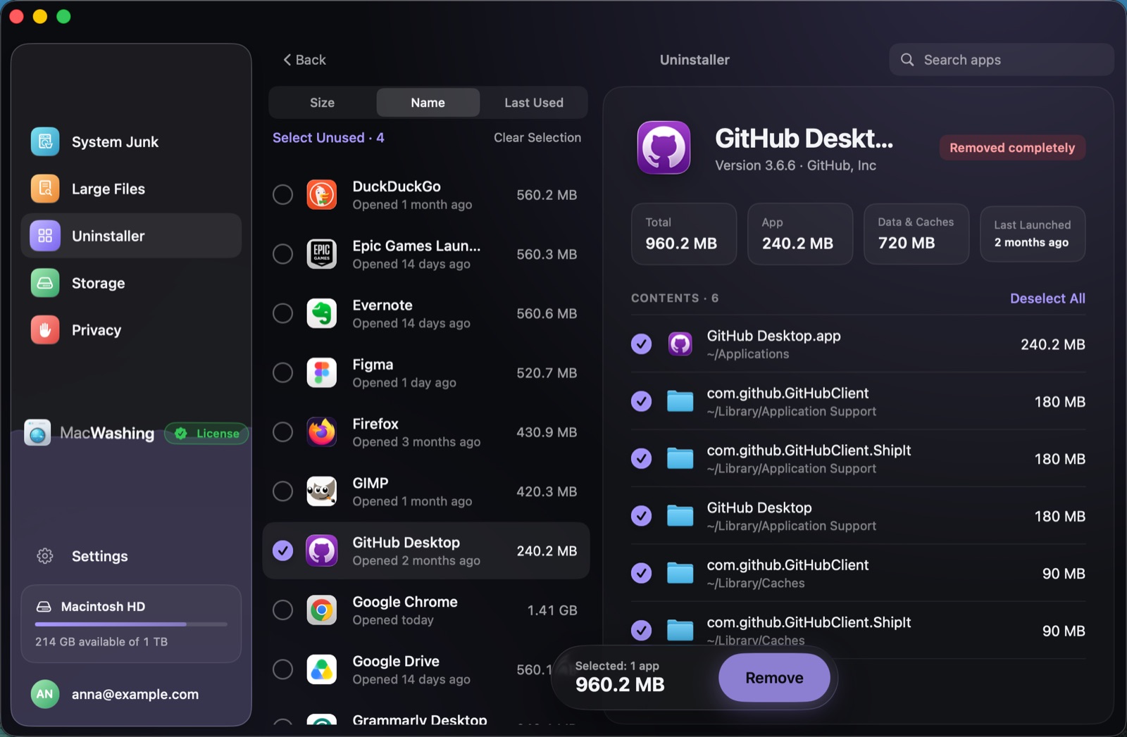 Uninstaller: a list of apps sorted by size with when each was last opened, Google Chrome selected with its app and cache sizes