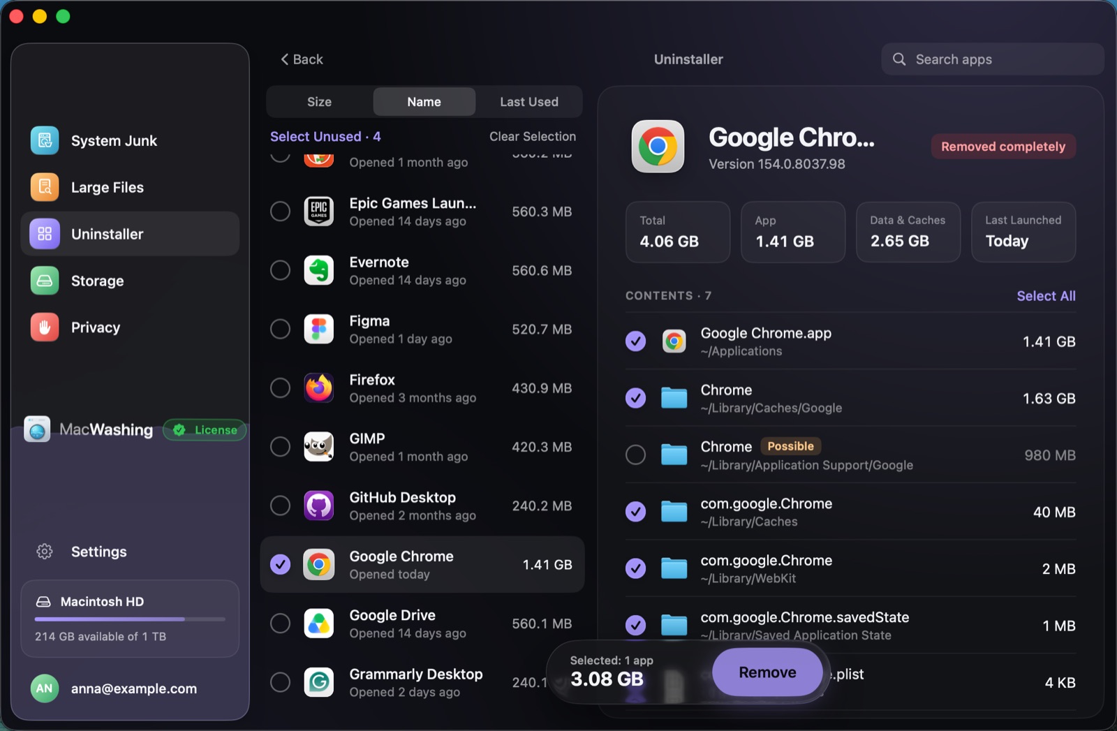 Uninstaller: a list of apps sorted by size with when each was last opened, Google Chrome selected with its app and cache sizes