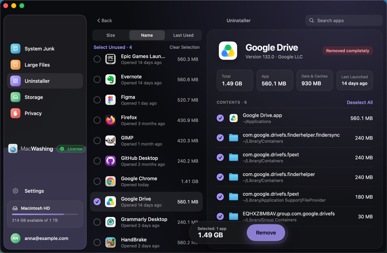 Uninstaller: a list of apps sorted by size with when each was last opened, Google Chrome selected with its app and cache sizes