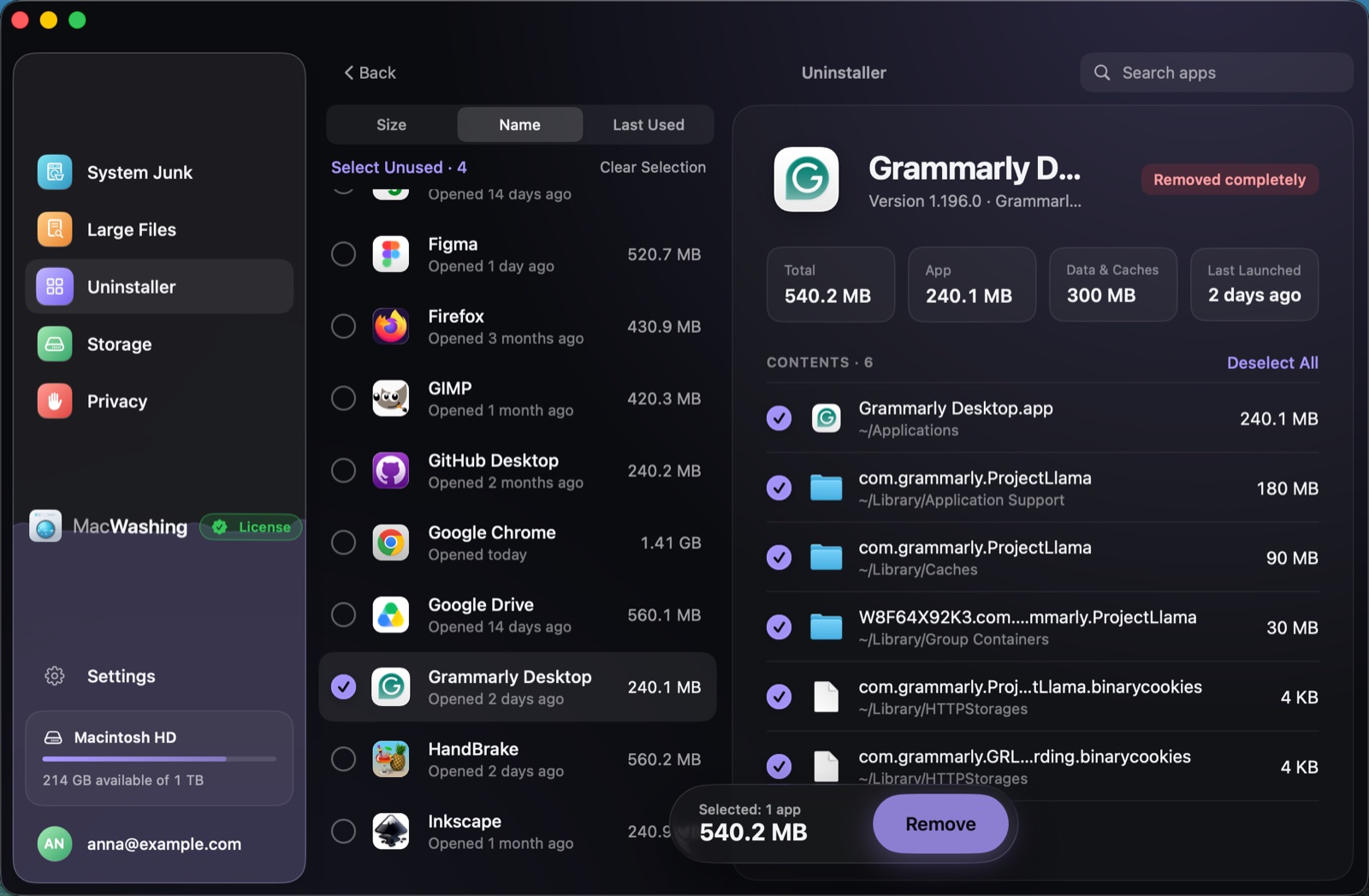 Uninstaller: a list of apps sorted by size with when each was last opened, Google Chrome selected with its app and cache sizes