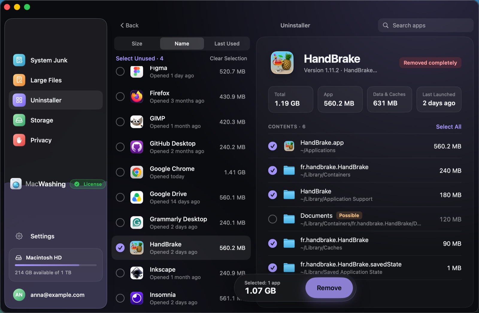 Uninstaller: a list of apps sorted by size with when each was last opened, Google Chrome selected with its app and cache sizes
