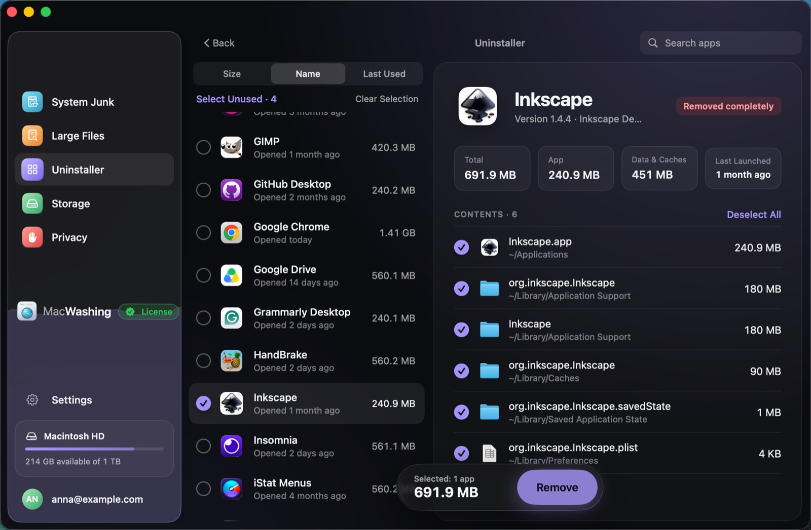 Uninstaller: a list of apps sorted by size with when each was last opened, Google Chrome selected with its app and cache sizes