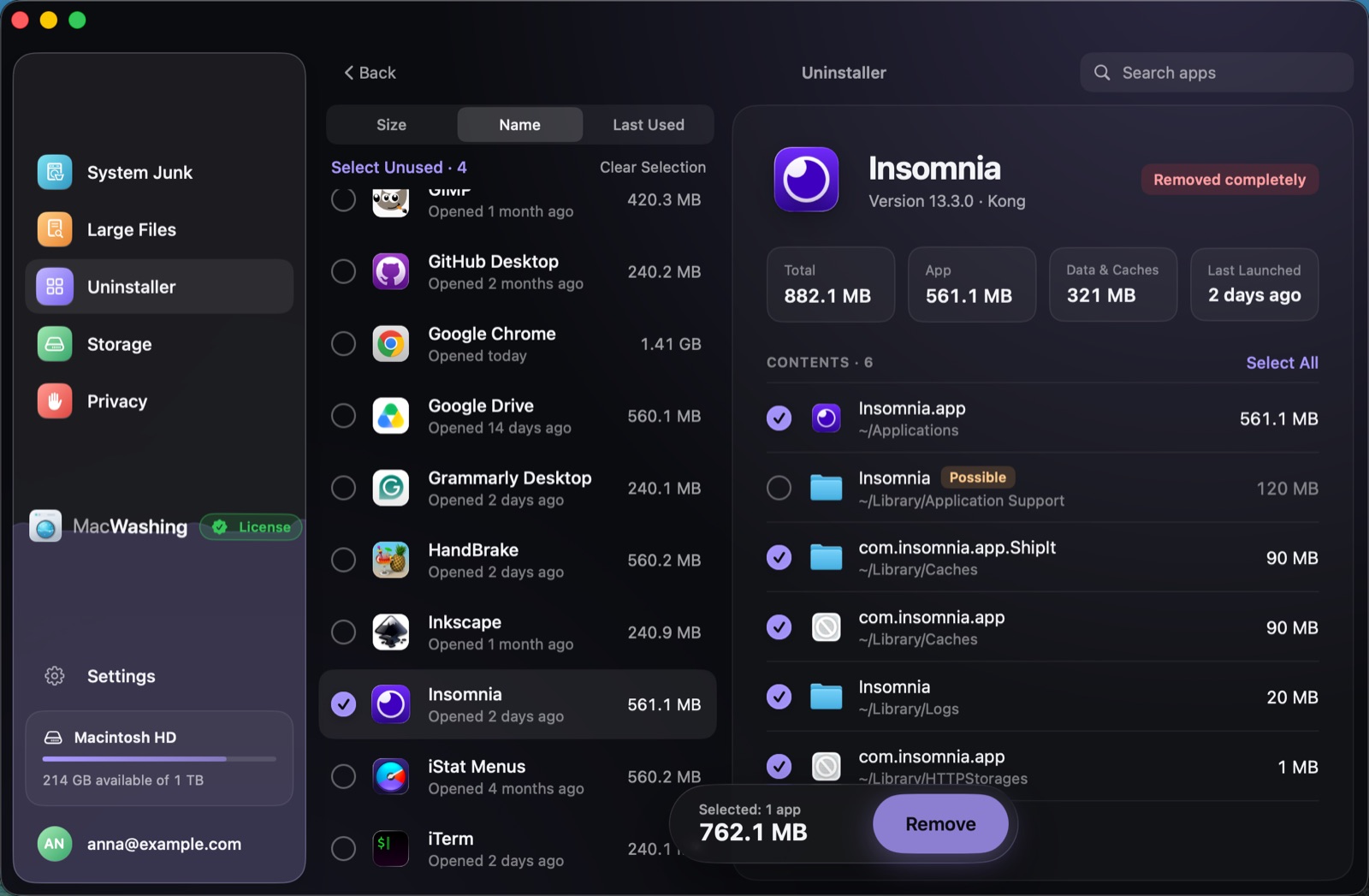 Uninstaller: a list of apps sorted by size with when each was last opened, Google Chrome selected with its app and cache sizes