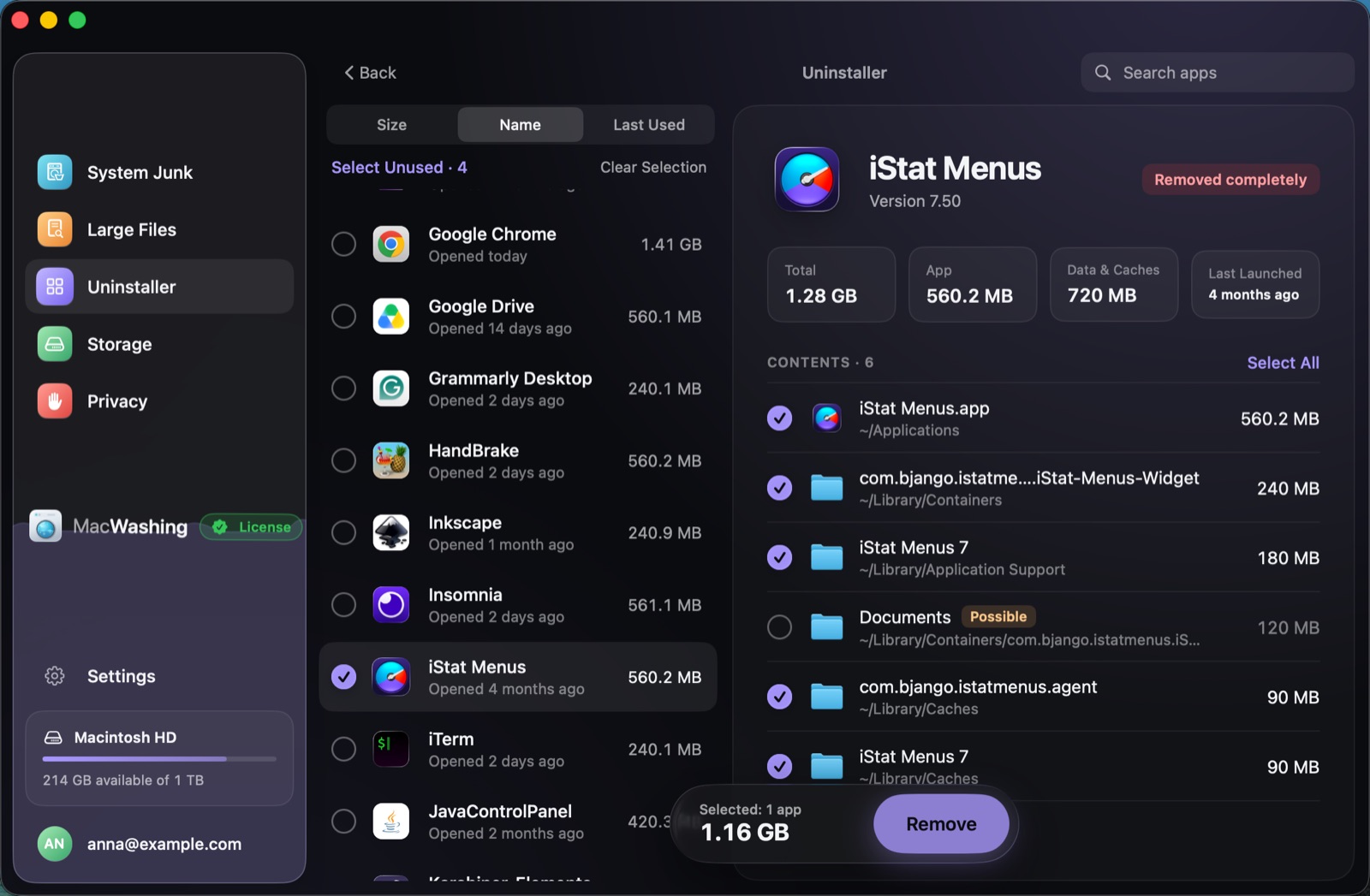 Uninstaller: a list of apps sorted by size with when each was last opened, Google Chrome selected with its app and cache sizes