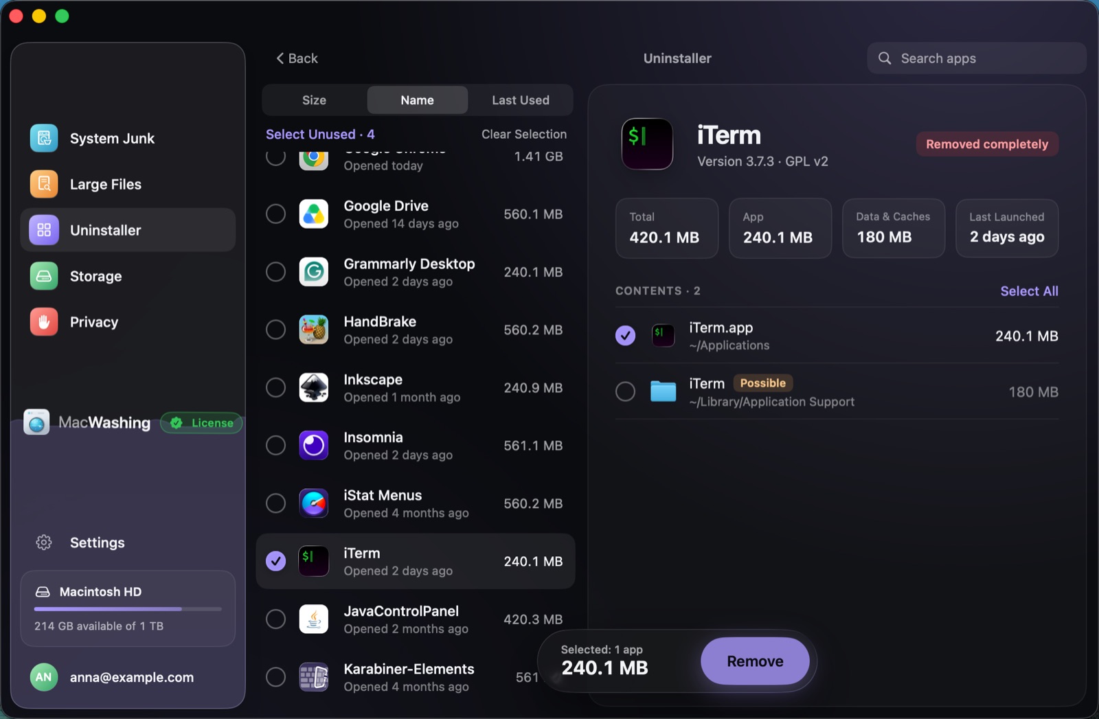 Uninstaller: a list of apps sorted by size with when each was last opened, Google Chrome selected with its app and cache sizes