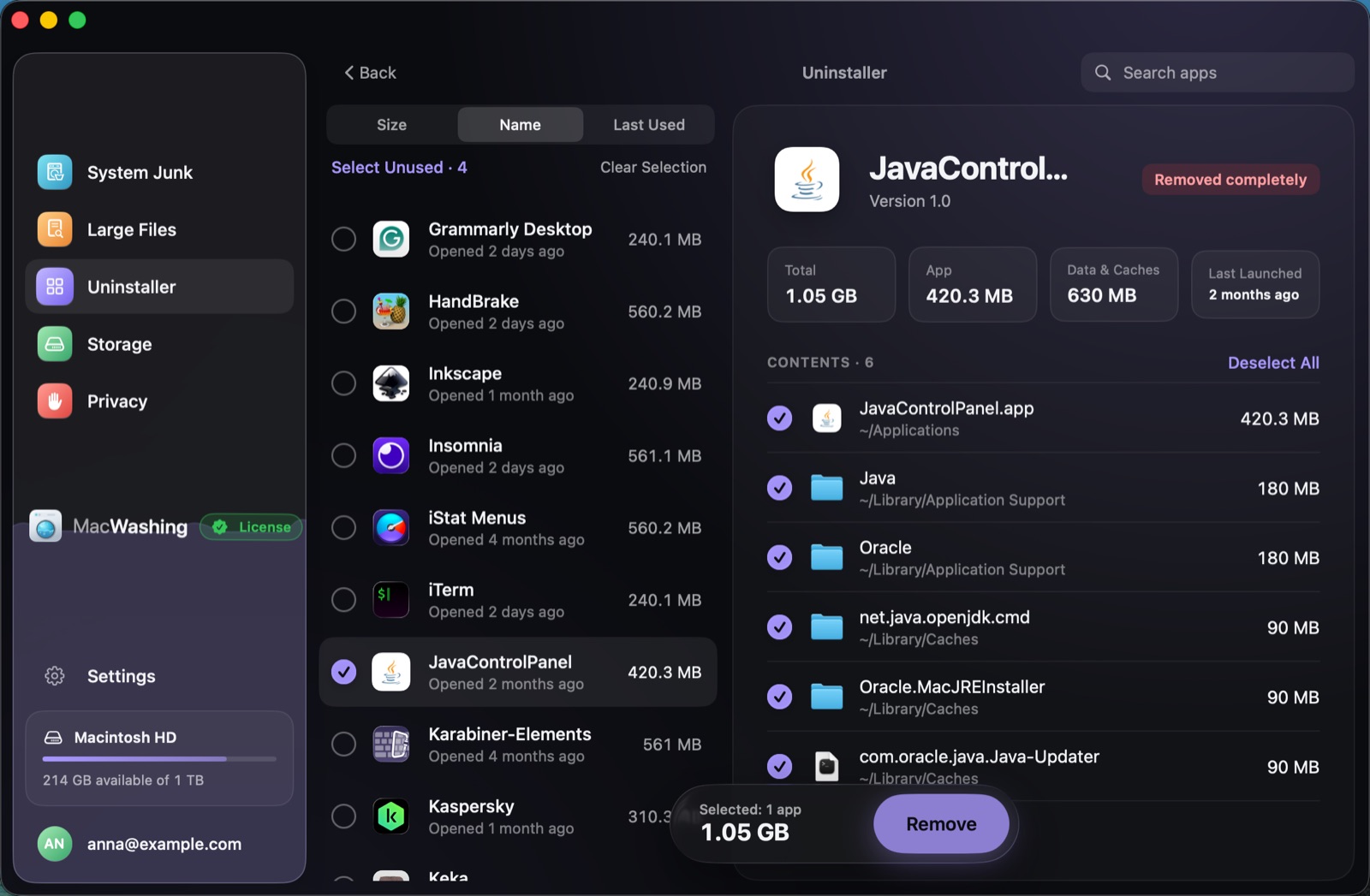 Uninstaller: a list of apps sorted by size with when each was last opened, Google Chrome selected with its app and cache sizes
