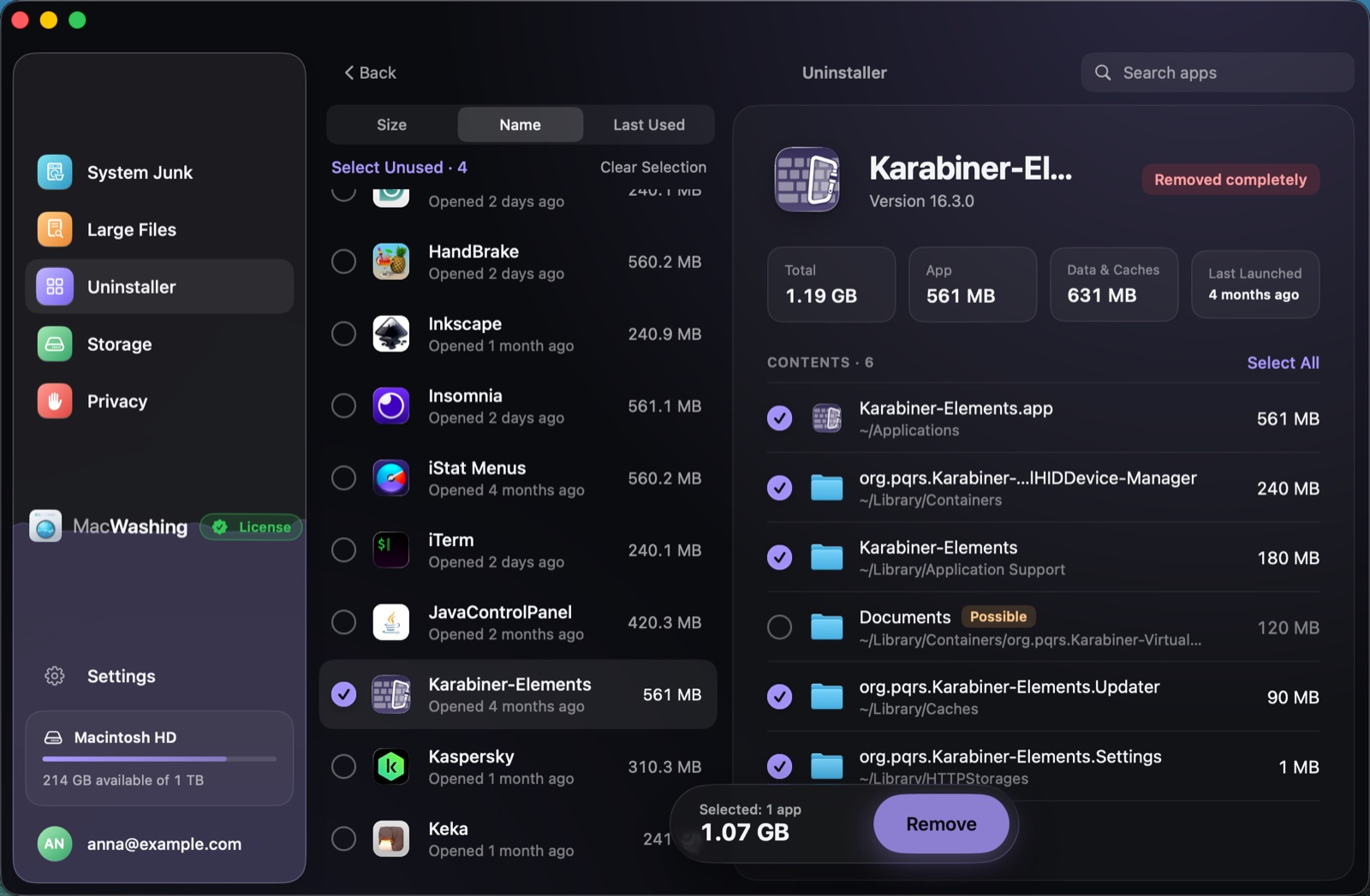Uninstaller: a list of apps sorted by size with when each was last opened, Google Chrome selected with its app and cache sizes