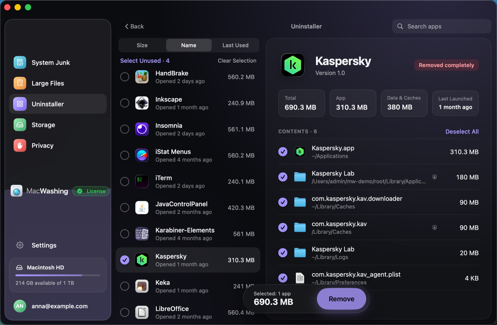 Uninstaller: a list of apps sorted by size with when each was last opened, Google Chrome selected with its app and cache sizes