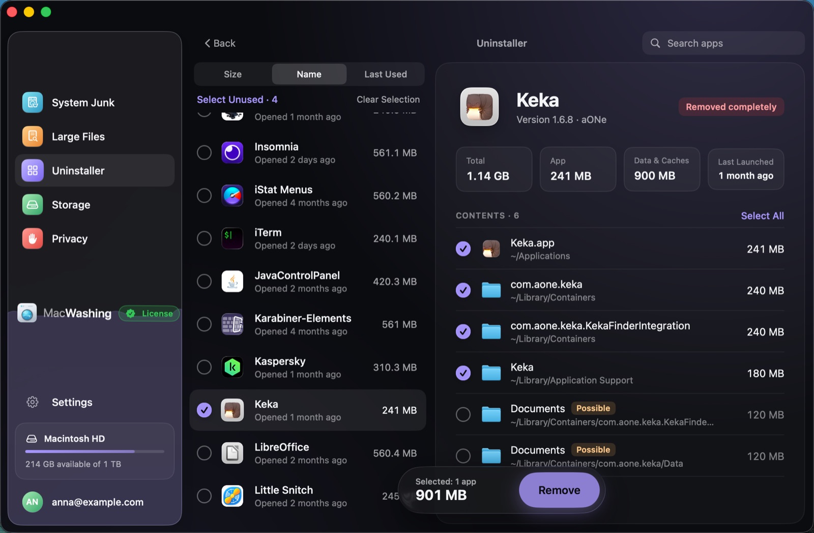 Uninstaller: a list of apps sorted by size with when each was last opened, Google Chrome selected with its app and cache sizes