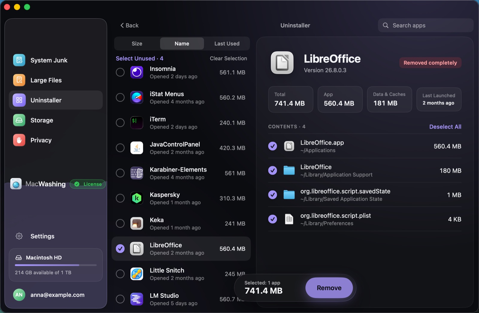 Uninstaller: a list of apps sorted by size with when each was last opened, Google Chrome selected with its app and cache sizes