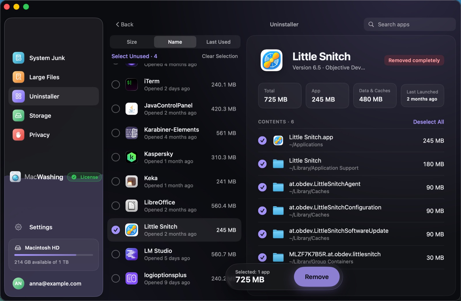 Uninstaller: a list of apps sorted by size with when each was last opened, Google Chrome selected with its app and cache sizes