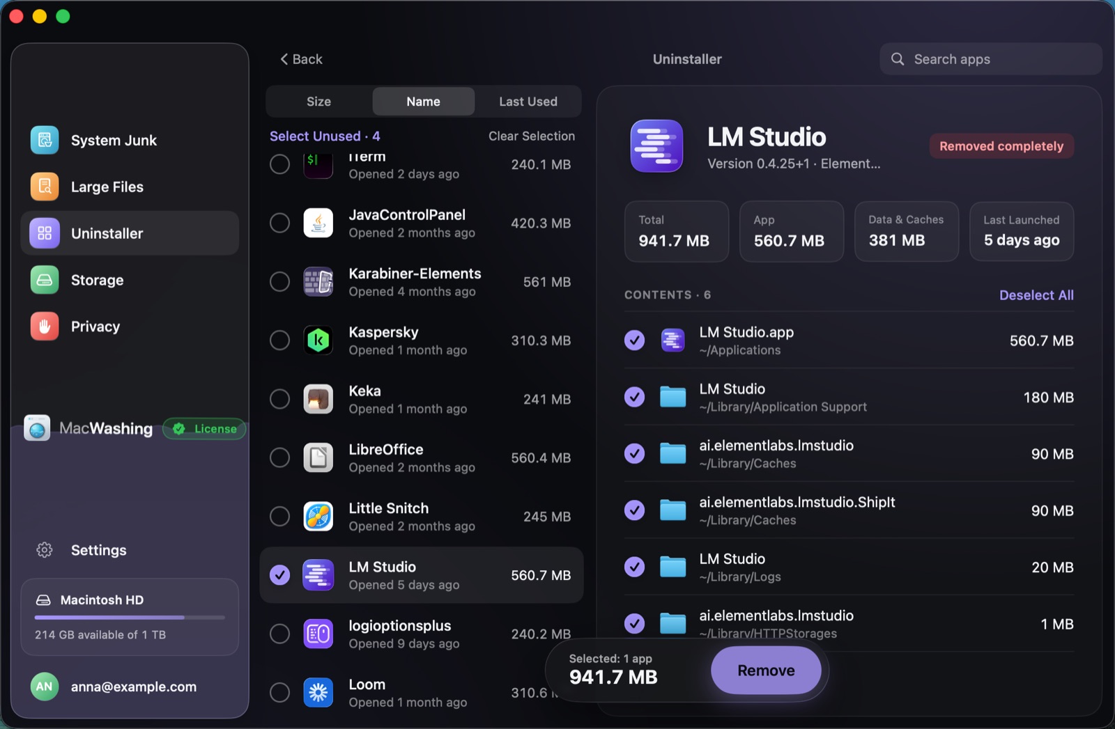 Uninstaller: a list of apps sorted by size with when each was last opened, Google Chrome selected with its app and cache sizes