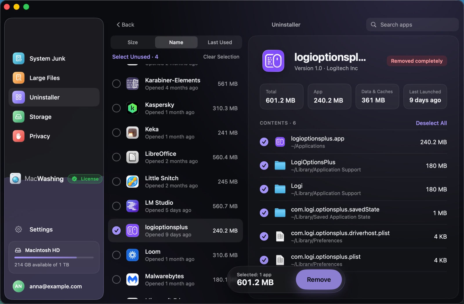 Uninstaller: a list of apps sorted by size with when each was last opened, Google Chrome selected with its app and cache sizes