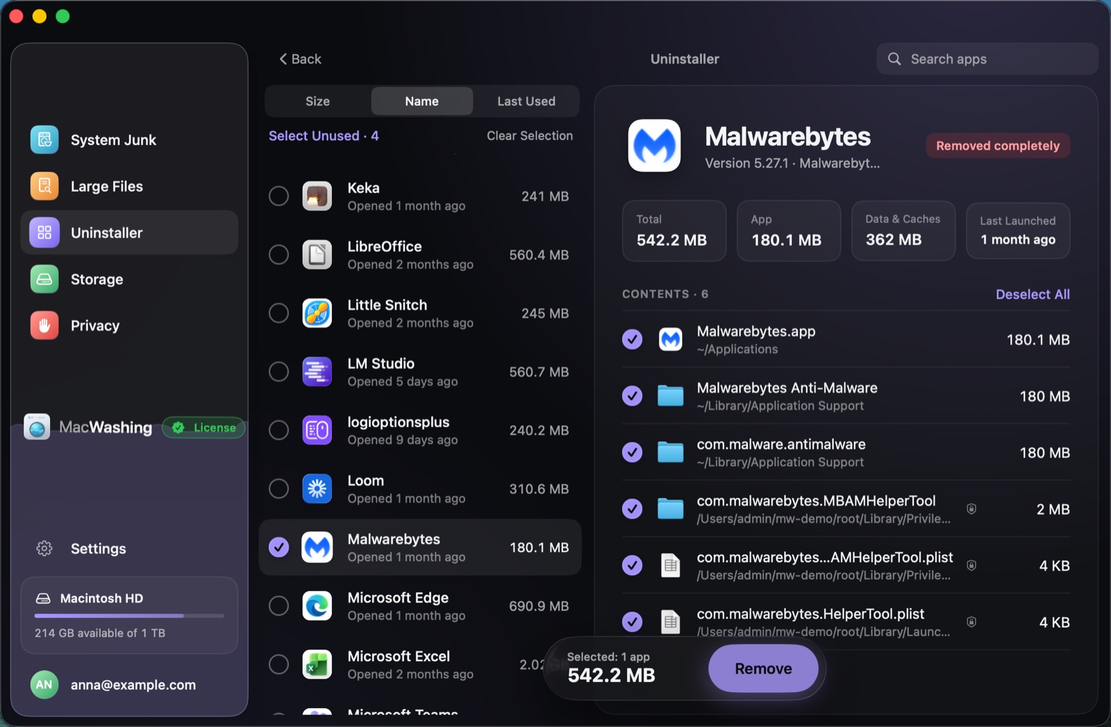 Uninstaller: a list of apps sorted by size with when each was last opened, Google Chrome selected with its app and cache sizes
