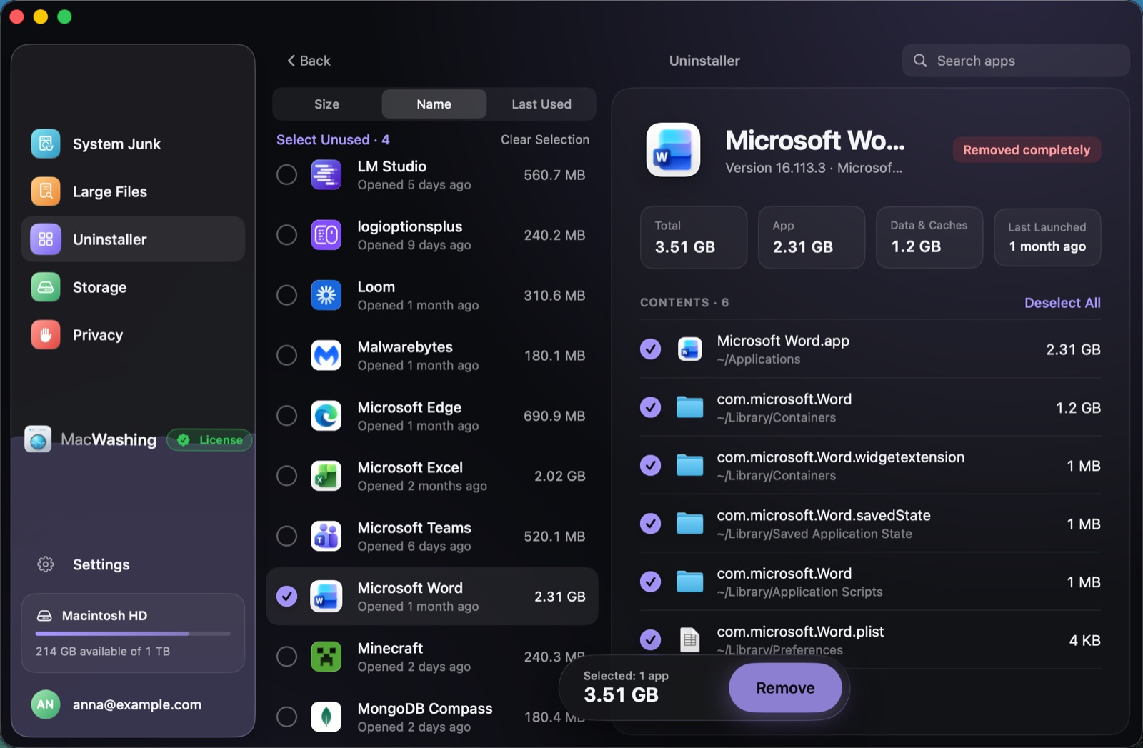 Uninstaller: a list of apps sorted by size with when each was last opened, Google Chrome selected with its app and cache sizes