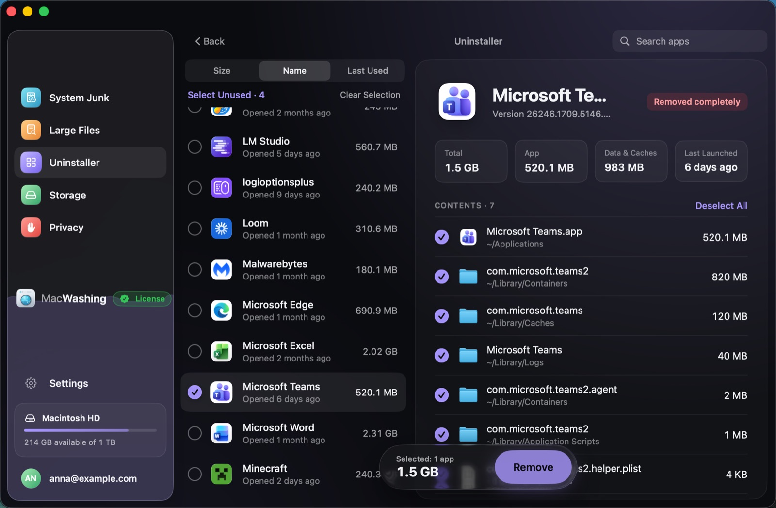 Uninstaller: a list of apps sorted by size with when each was last opened, Google Chrome selected with its app and cache sizes