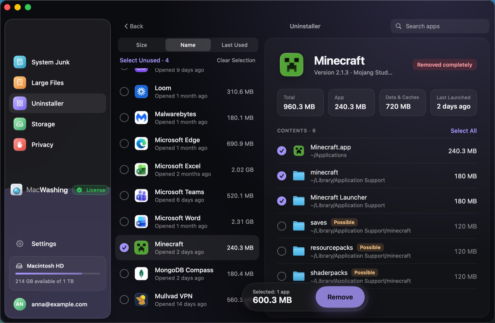 Uninstaller: a list of apps sorted by size with when each was last opened, Google Chrome selected with its app and cache sizes