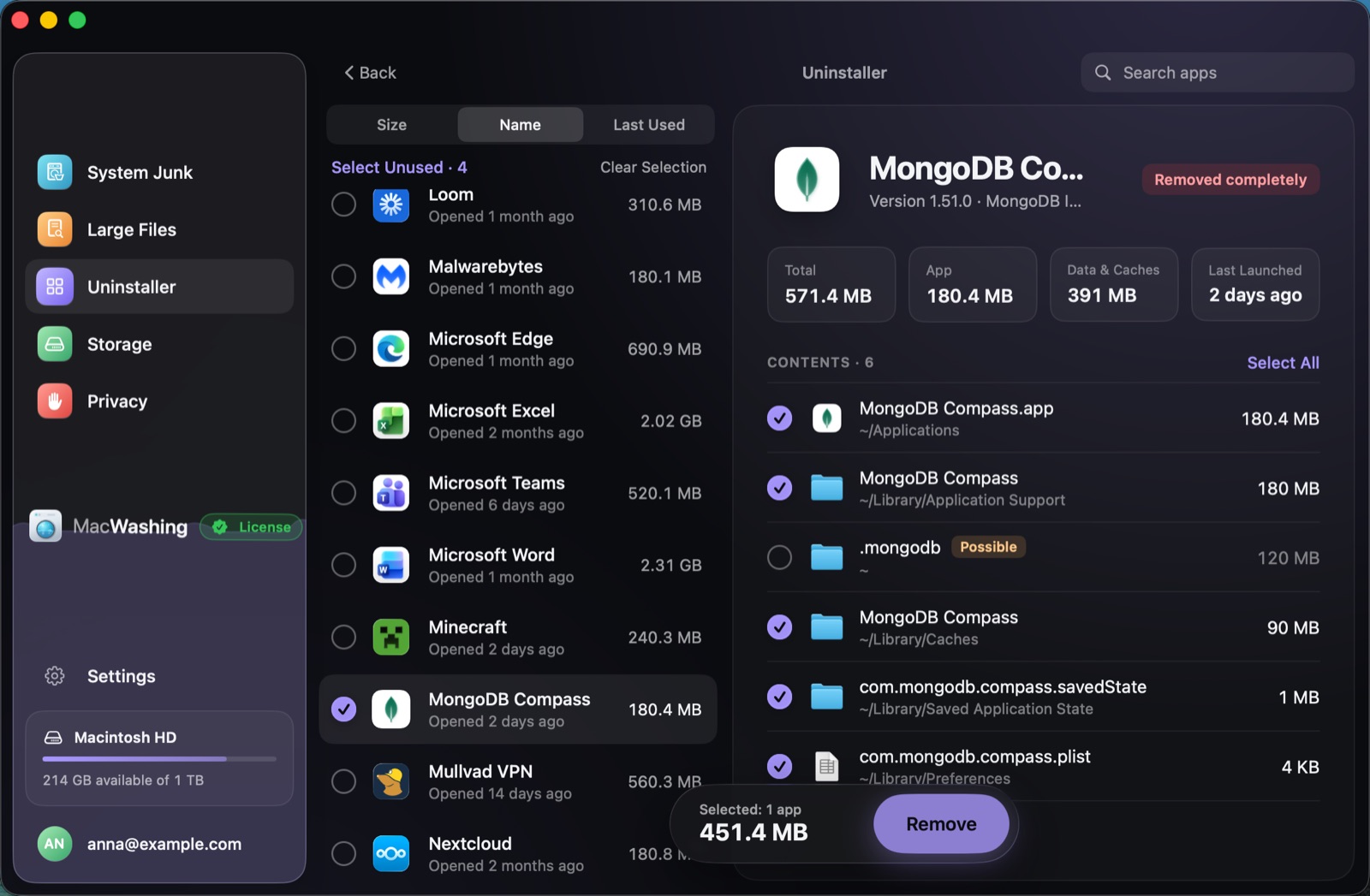 Uninstaller: a list of apps sorted by size with when each was last opened, Google Chrome selected with its app and cache sizes