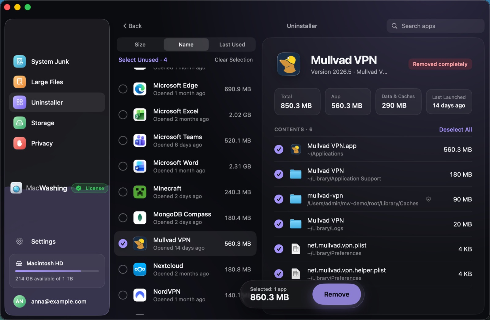 Uninstaller: a list of apps sorted by size with when each was last opened, Google Chrome selected with its app and cache sizes