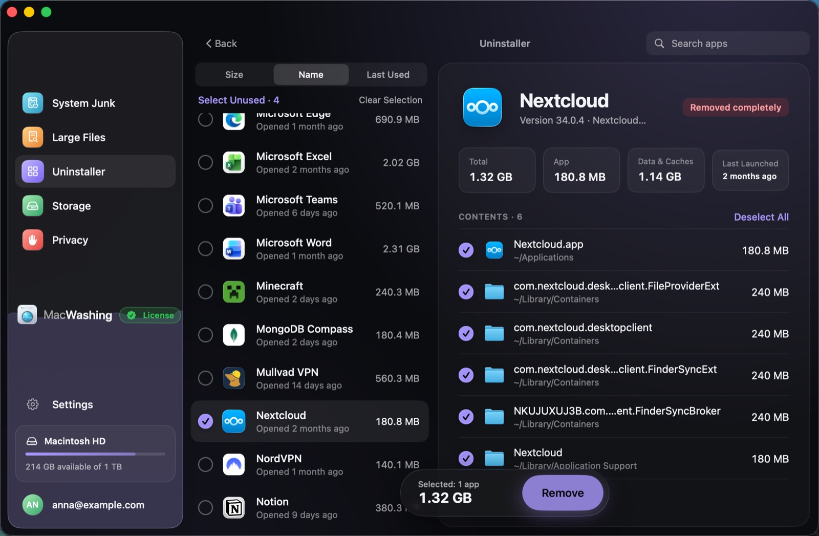 Uninstaller: a list of apps sorted by size with when each was last opened, Google Chrome selected with its app and cache sizes