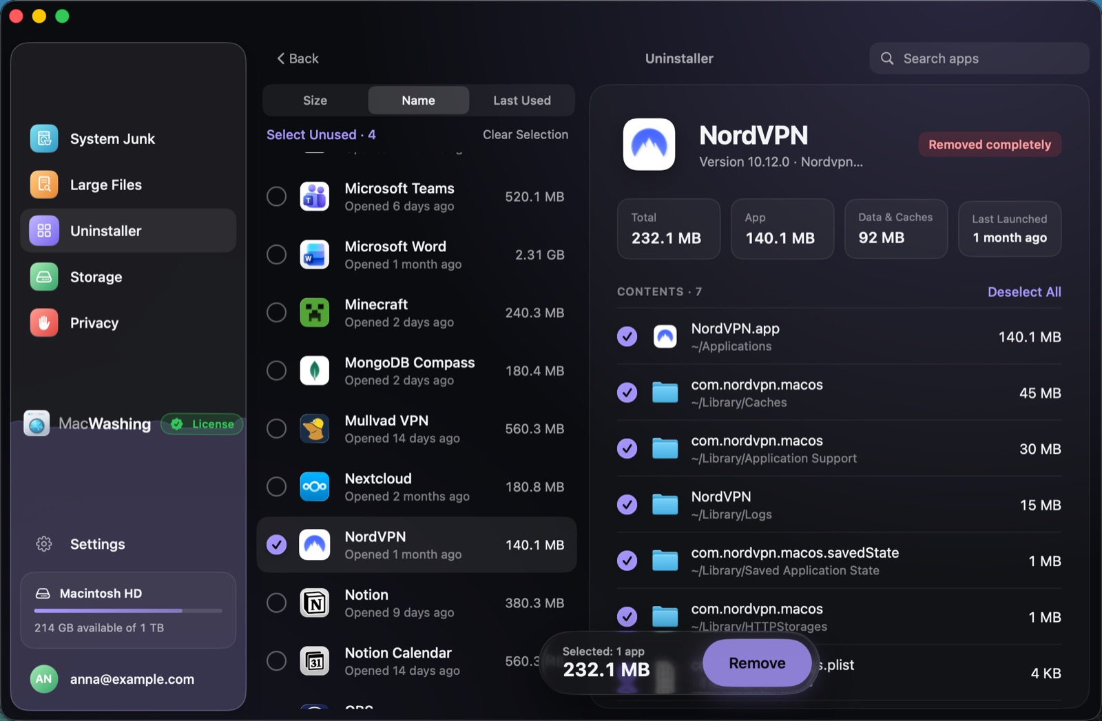 Uninstaller: a list of apps sorted by size with when each was last opened, Google Chrome selected with its app and cache sizes