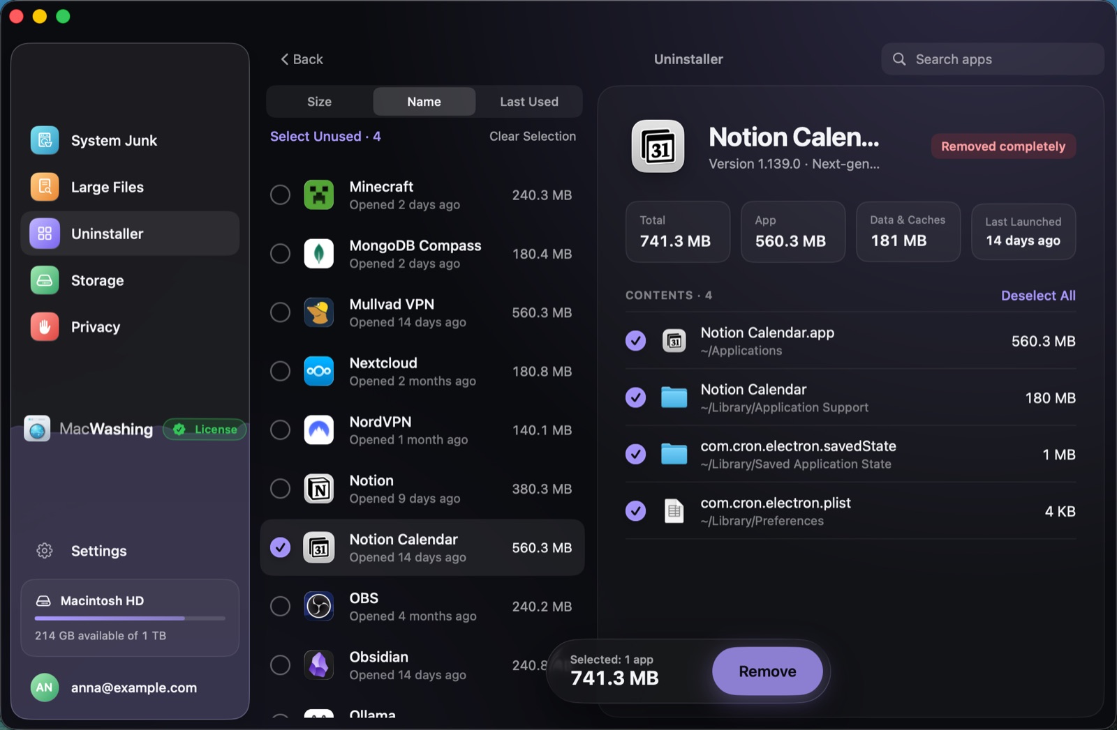 Uninstaller: a list of apps sorted by size with when each was last opened, Google Chrome selected with its app and cache sizes