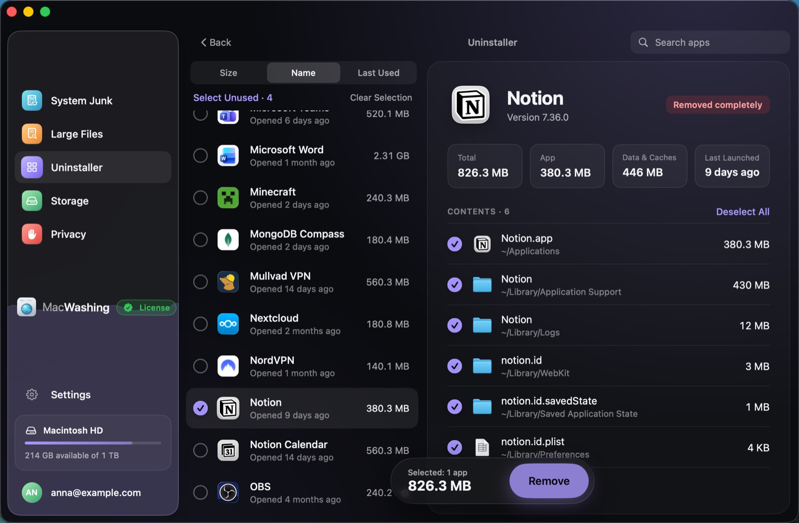 Uninstaller: a list of apps sorted by size with when each was last opened, Google Chrome selected with its app and cache sizes