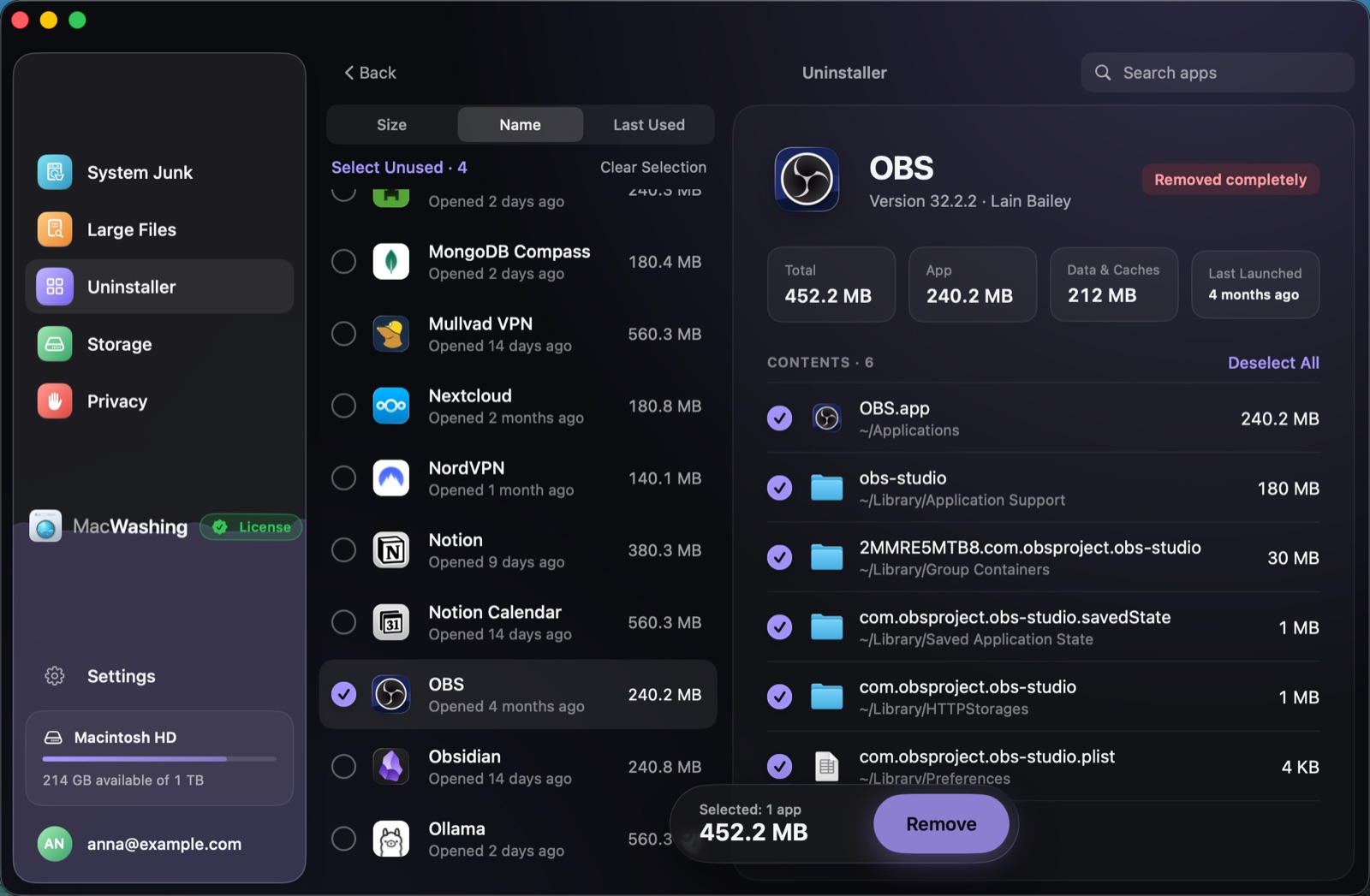Uninstaller: a list of apps sorted by size with when each was last opened, Google Chrome selected with its app and cache sizes