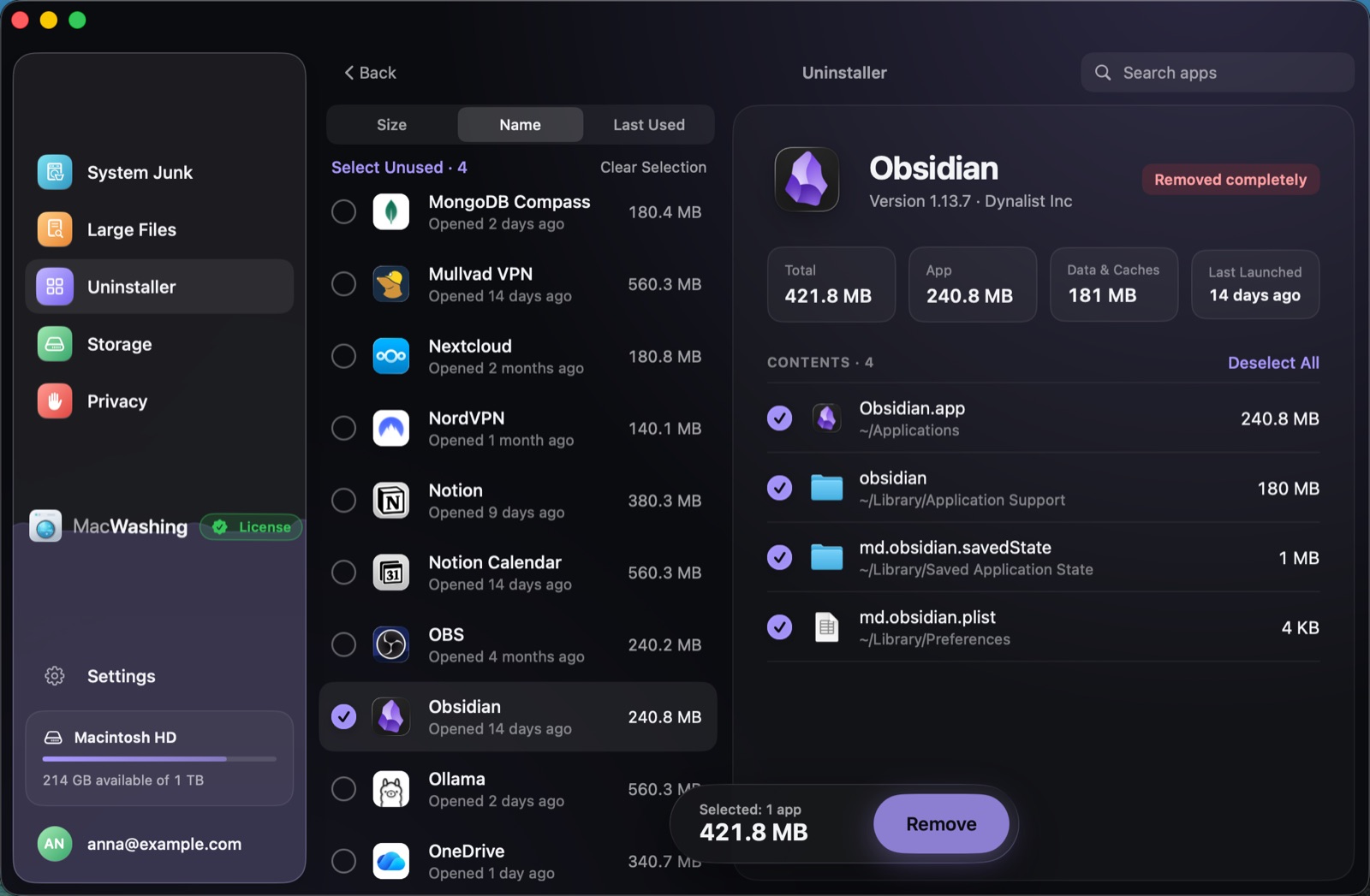 Uninstaller: a list of apps sorted by size with when each was last opened, Google Chrome selected with its app and cache sizes