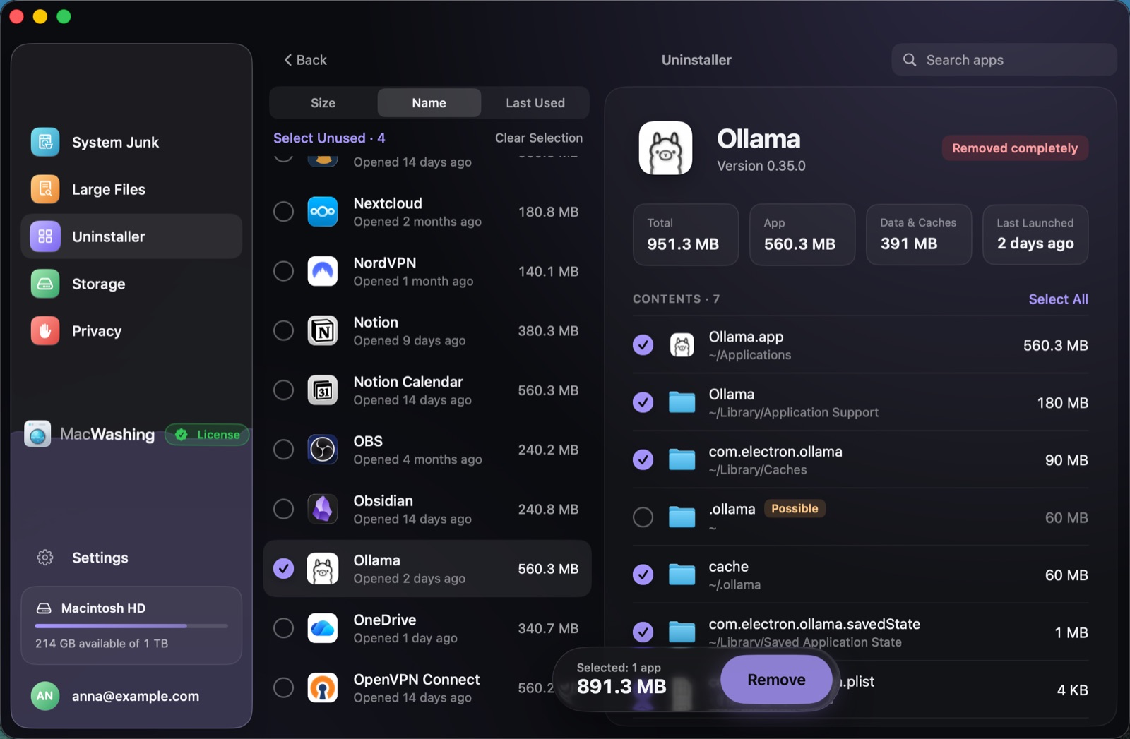 Uninstaller: a list of apps sorted by size with when each was last opened, Google Chrome selected with its app and cache sizes