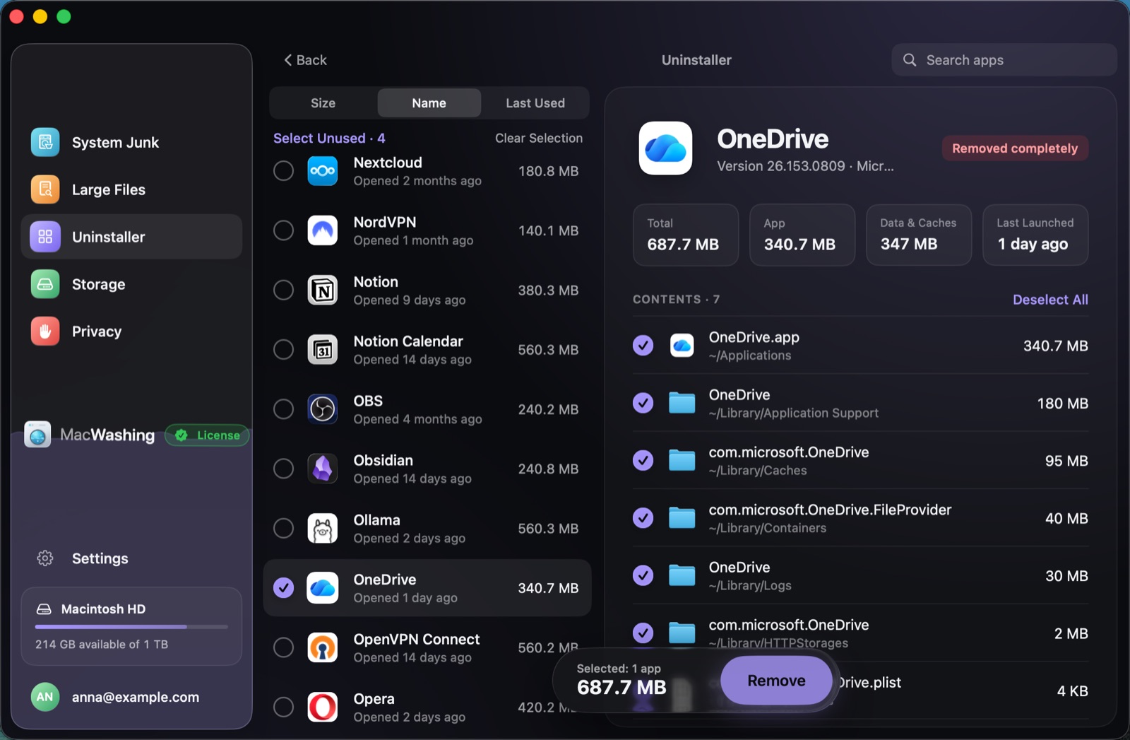 Uninstaller: a list of apps sorted by size with when each was last opened, Google Chrome selected with its app and cache sizes