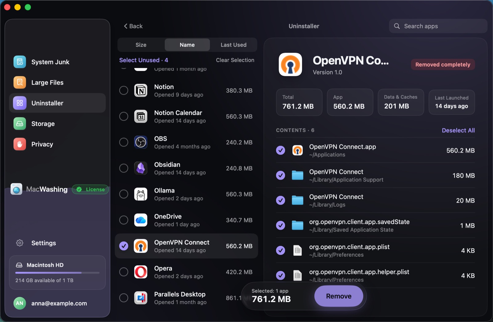 Uninstaller: a list of apps sorted by size with when each was last opened, Google Chrome selected with its app and cache sizes