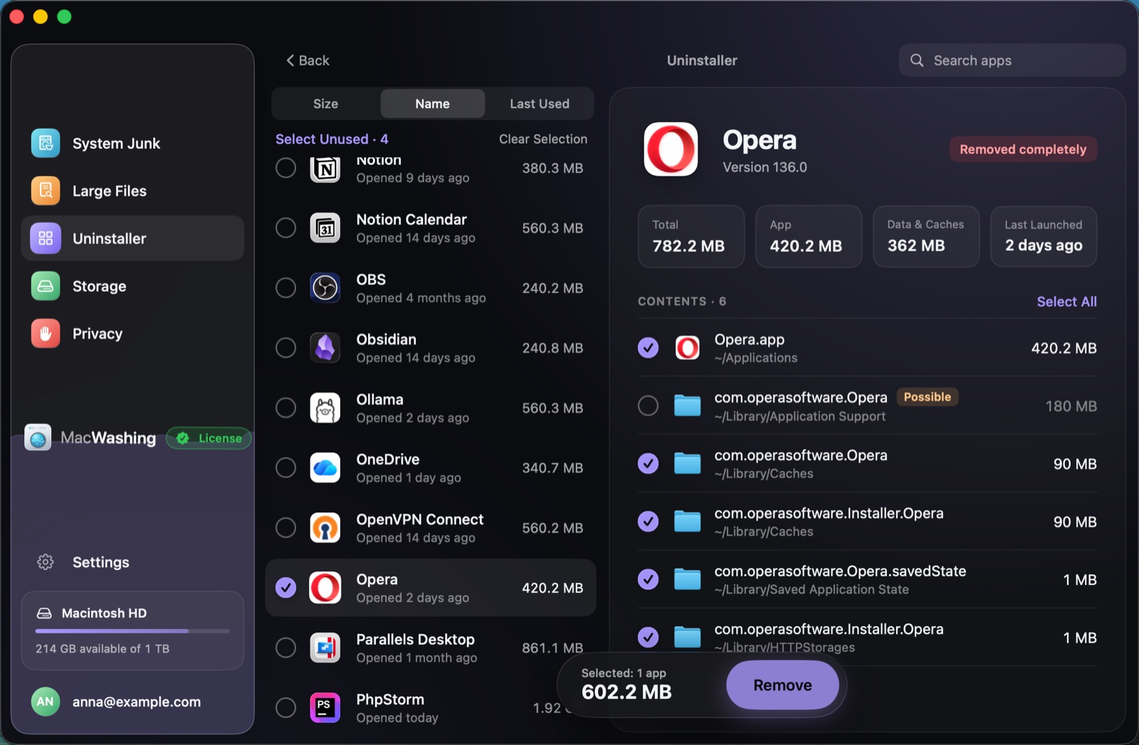 Uninstaller: a list of apps sorted by size with when each was last opened, Google Chrome selected with its app and cache sizes