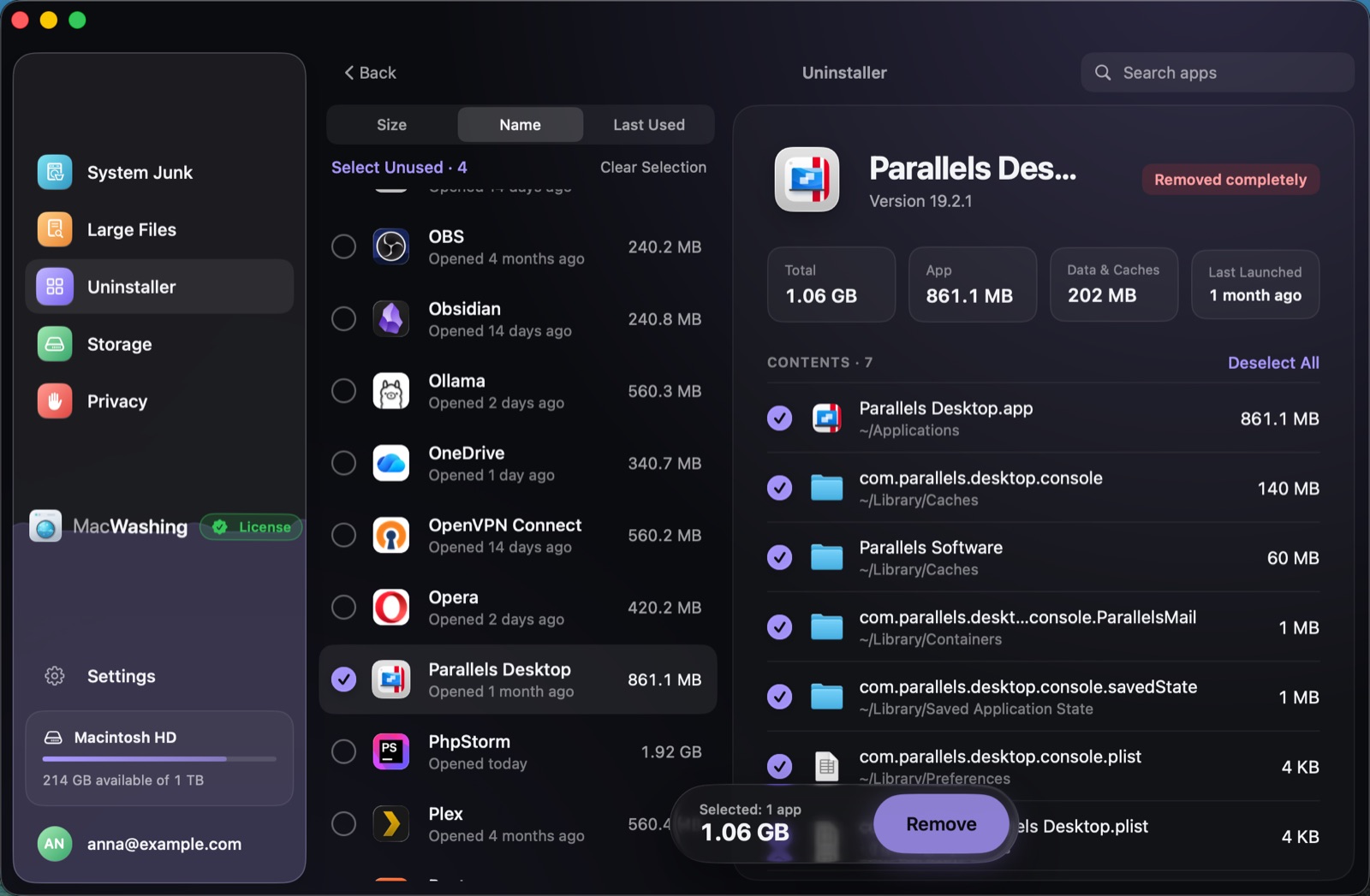 Uninstaller: a list of apps sorted by size with when each was last opened, Google Chrome selected with its app and cache sizes