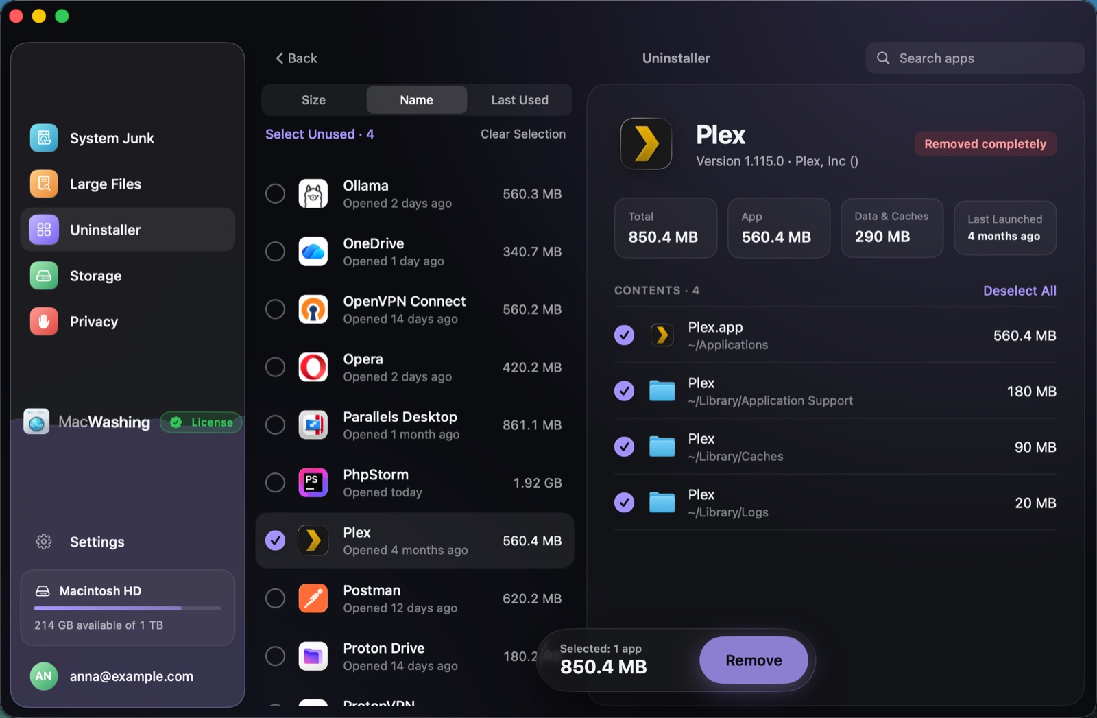 Uninstaller: a list of apps sorted by size with when each was last opened, Google Chrome selected with its app and cache sizes