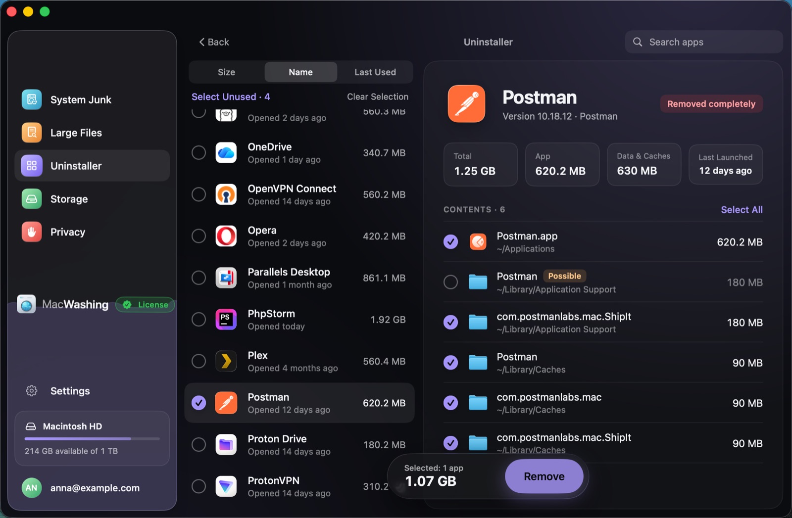 Uninstaller: a list of apps sorted by size with when each was last opened, Google Chrome selected with its app and cache sizes