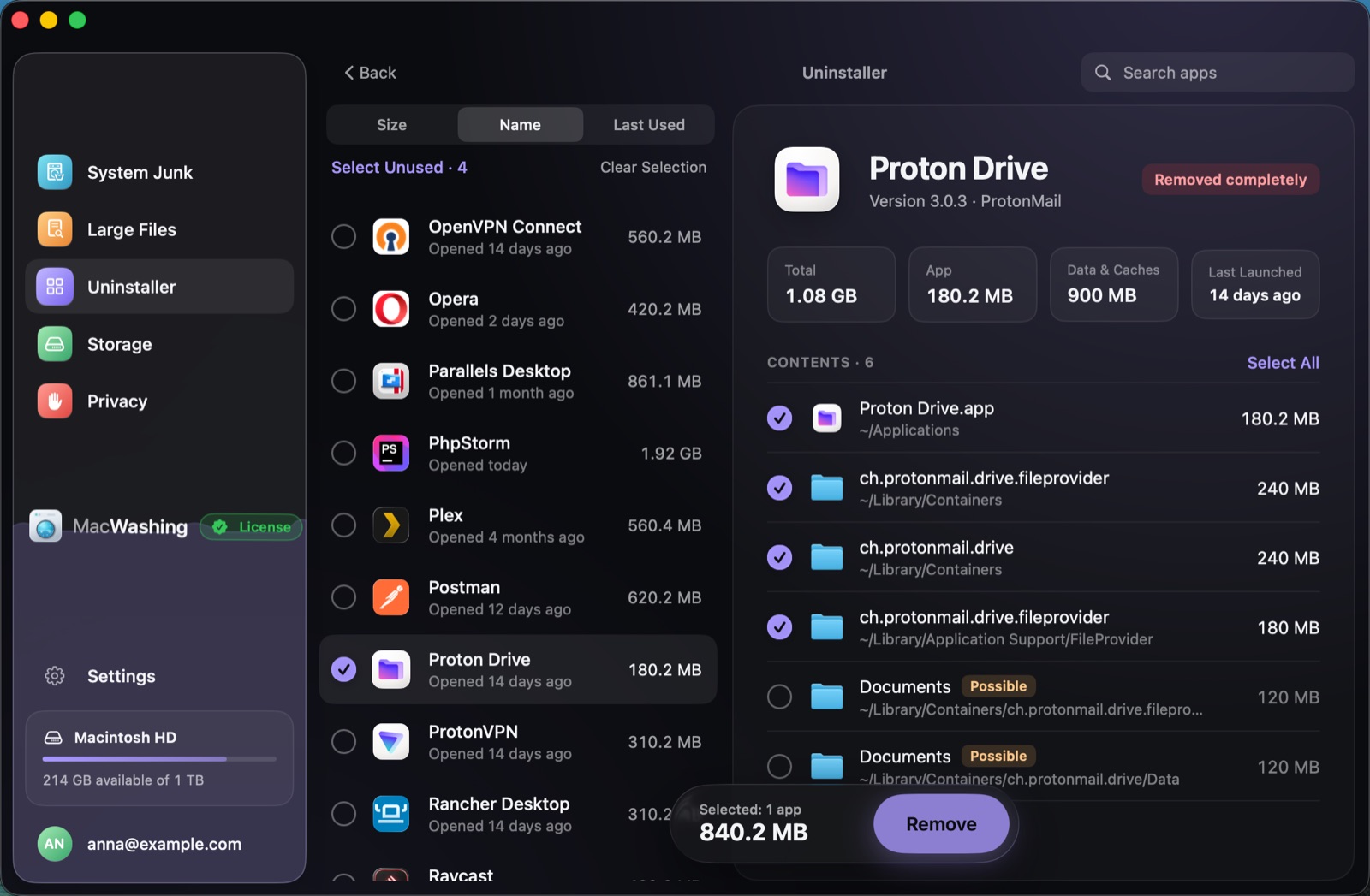 Uninstaller: a list of apps sorted by size with when each was last opened, Google Chrome selected with its app and cache sizes