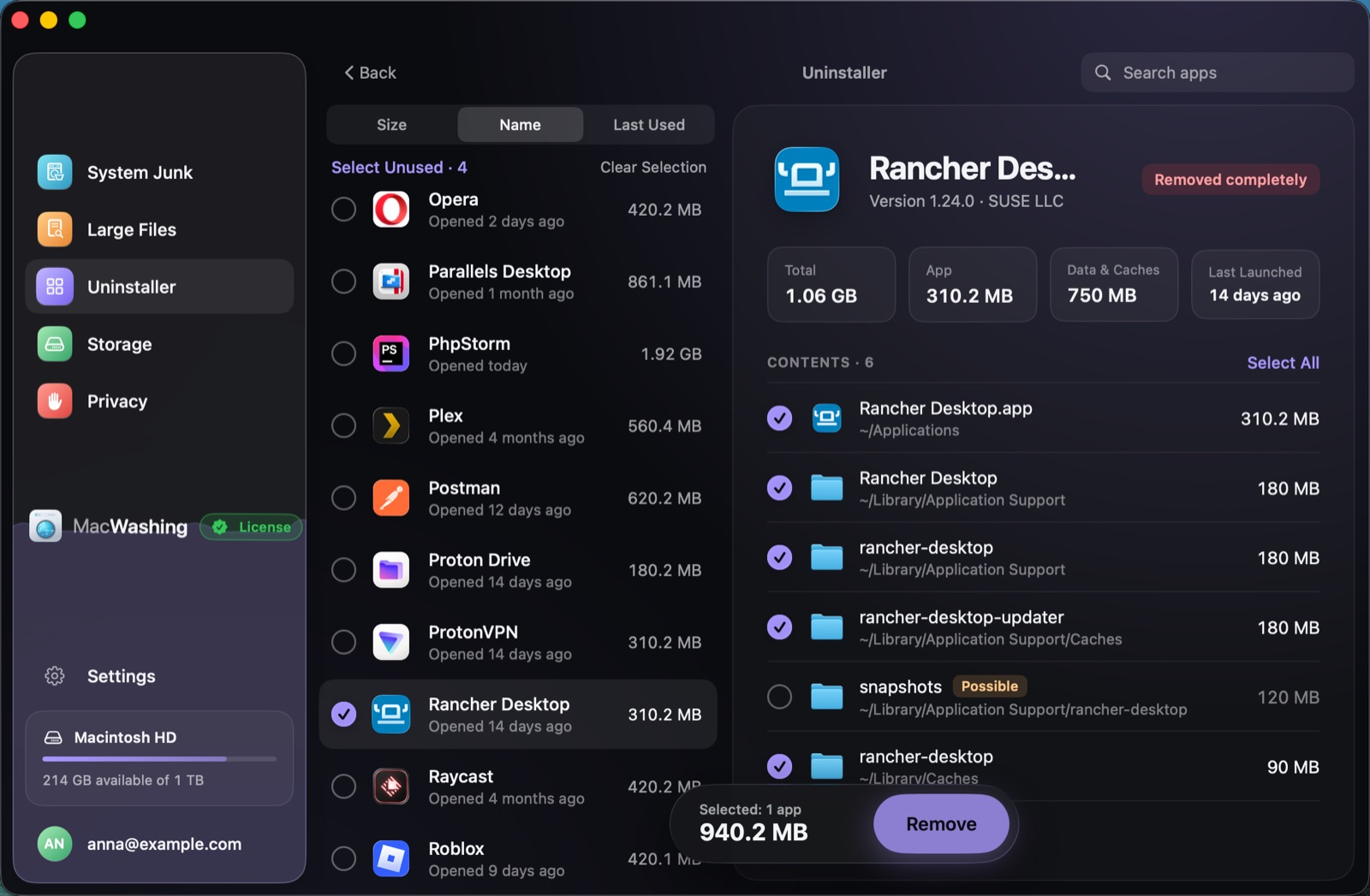 Uninstaller: a list of apps sorted by size with when each was last opened, Google Chrome selected with its app and cache sizes