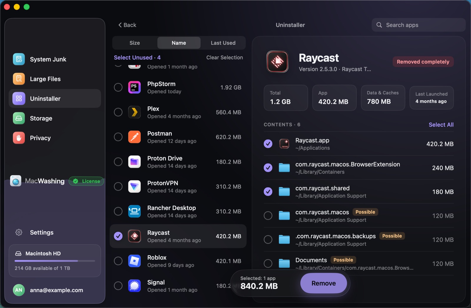 Uninstaller: a list of apps sorted by size with when each was last opened, Google Chrome selected with its app and cache sizes